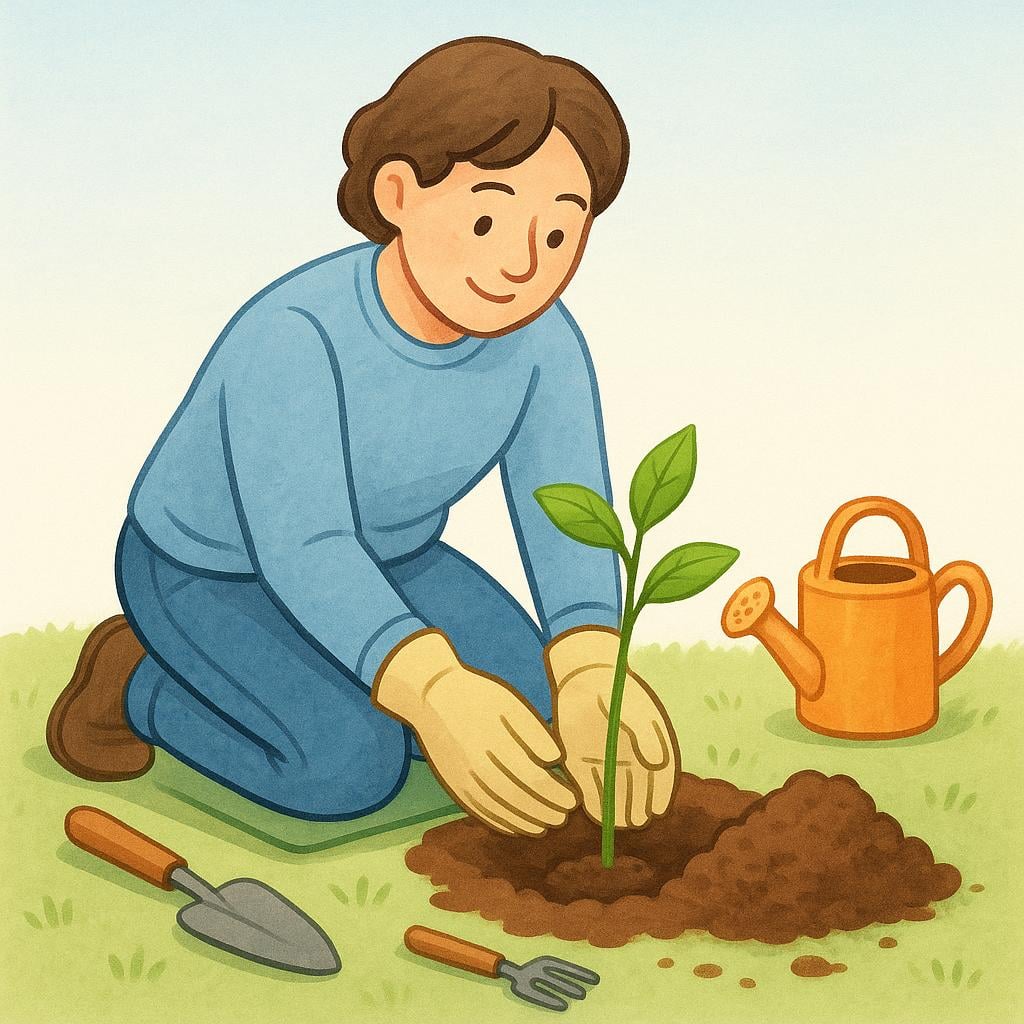 A person wearing gardening gloves carefully planting a small sapling into the earth, showing dedication to nature.