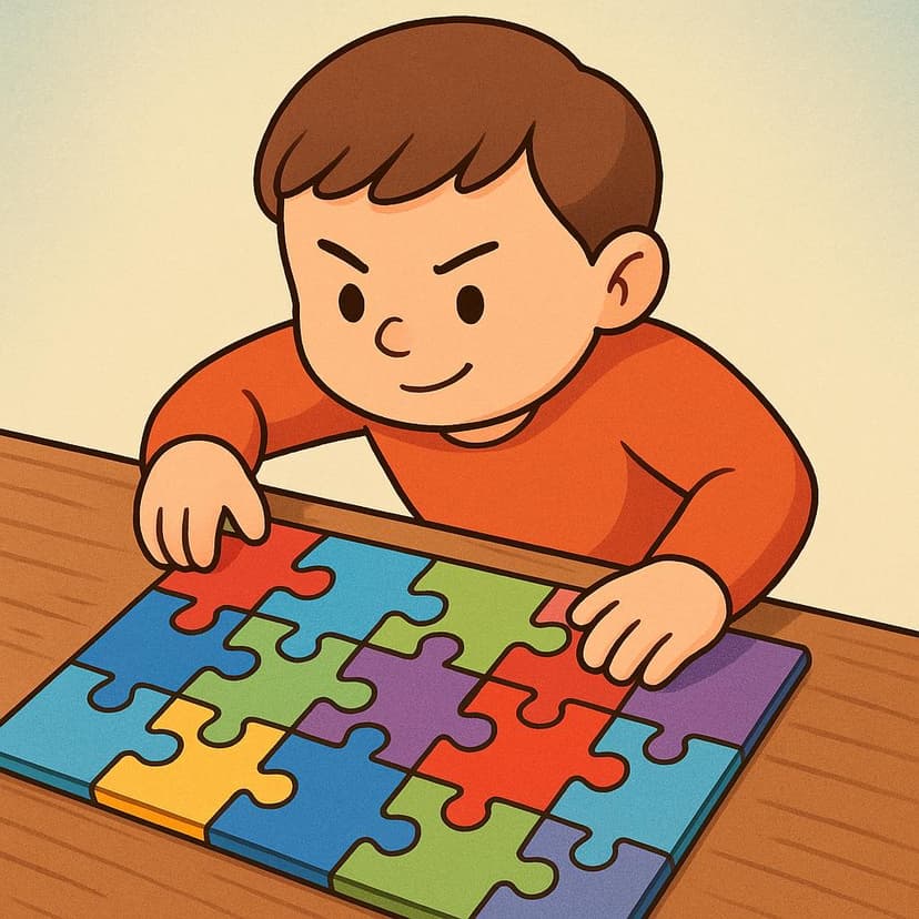 Eine Zeichentrickfigur setzt selbstbewusst das letzte rote Teil in ein farbenfrohes, einfaches Puzzle ein, was den Abschluss einer Aufgabe symbolisiert.