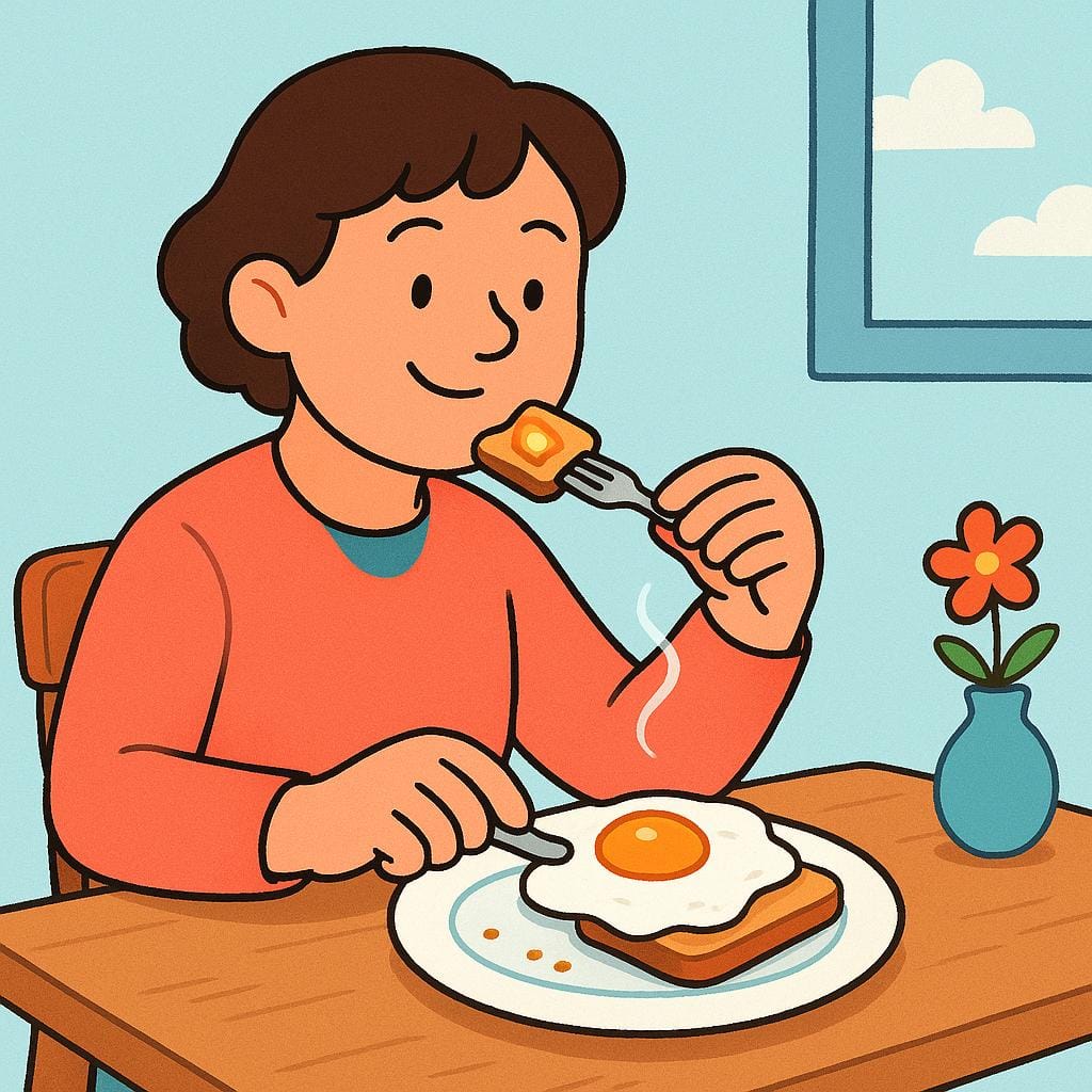 한 사람이 주방 식탁에 앉아 아침 식사로 계란과 토스트를 행복하게 먹고 있는 모습.