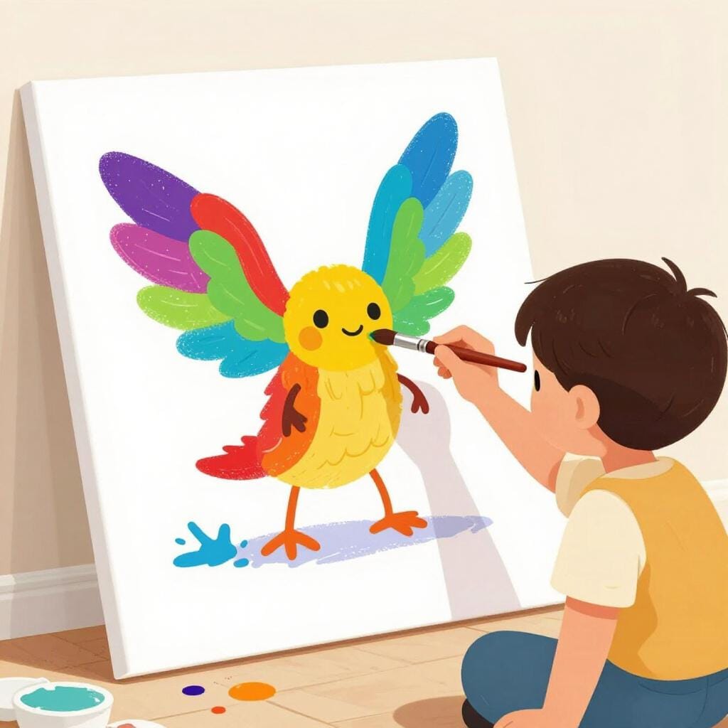A child painting a colorful, imaginary creature on a large canvas.