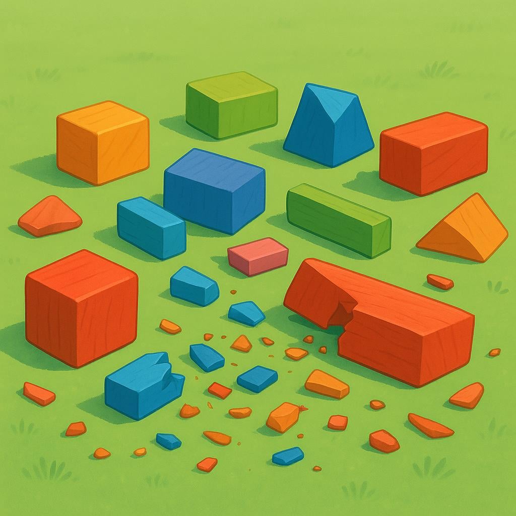 A close-up view of brightly colored wooden toy blocks that have been completely broken apart and scattered across the ground, illustrating destruction.