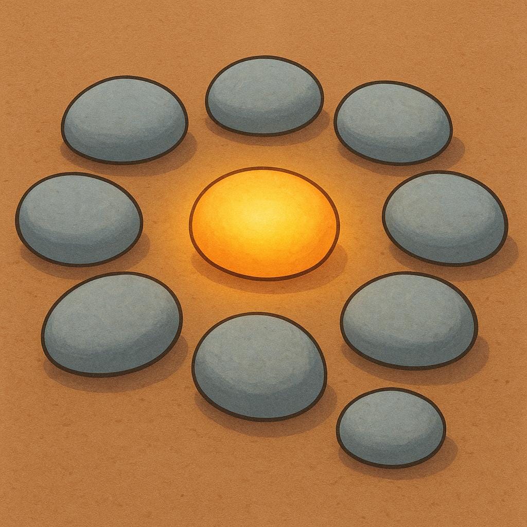 A collection of plain gray stones, with one central stone radiating a strong, unique golden light, symbolizing its unique essence.