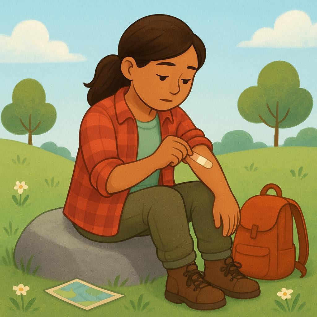 A young female hiker sitting down and looking at a minor bandaged injury on her arm.