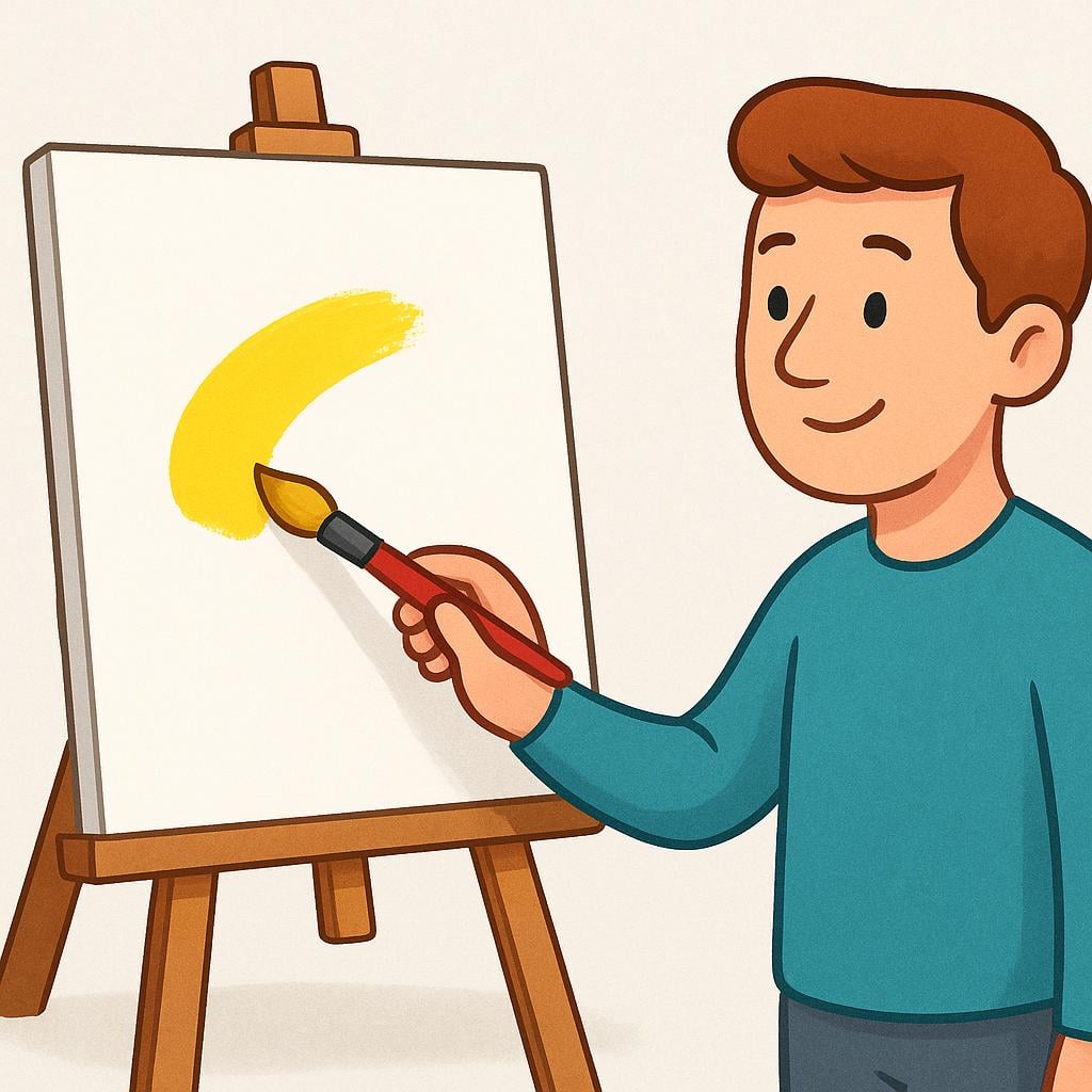 A man standing in front of an easel, holding a paintbrush that has just made the very first, small, colorful stroke on a perfectly blank white canvas, symbolizing the start of an activity.