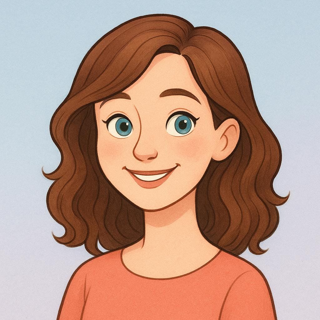 Um retrato simples de ilustração de livro de histórias de uma jovem sorridente com feições brilhantes e agradáveis.