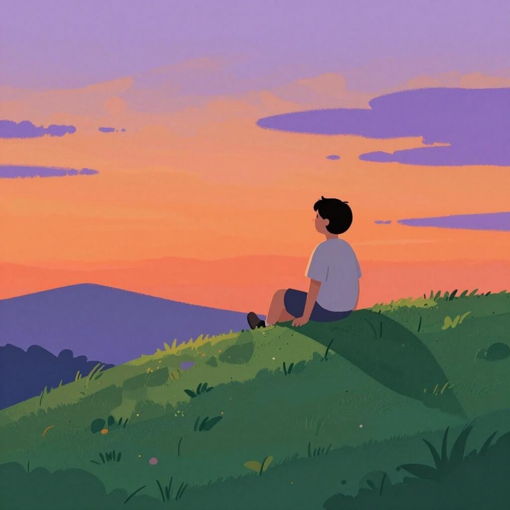 A person sitting on a grassy hill, looking at a beautiful orange sunset with a peaceful expression.