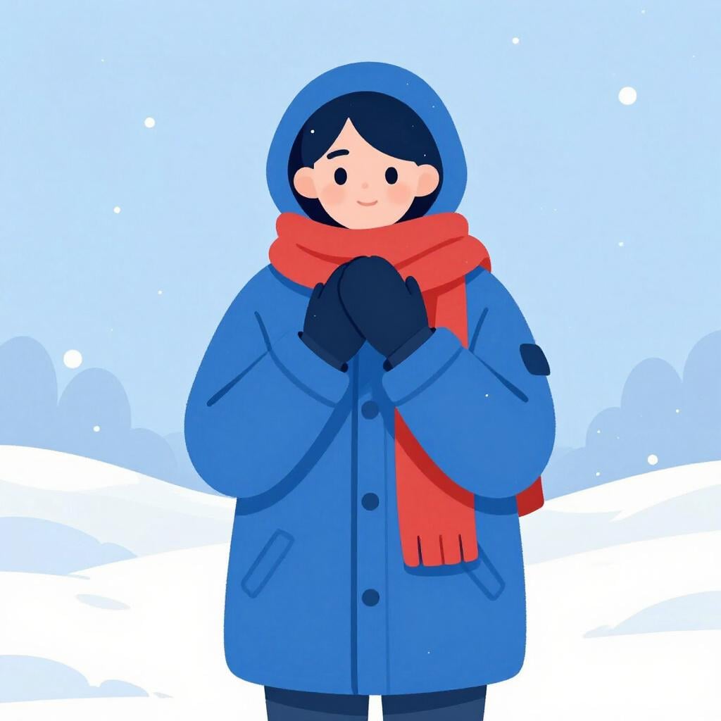A person wearing a heavy winter coat and scarf, pointing to a fact about the cold weather.