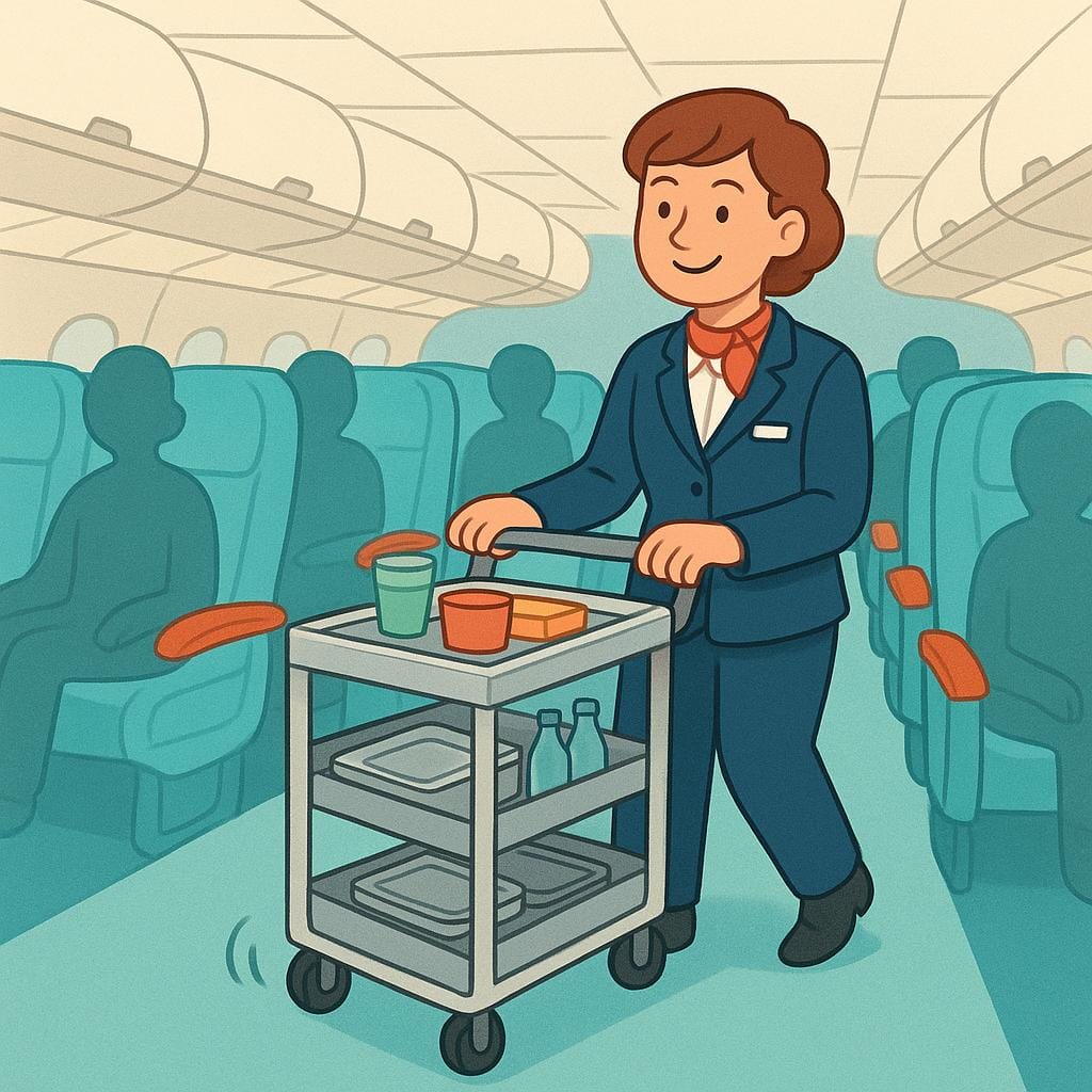 Une personne en uniforme professionnel, servant de steward de bord, se tenant dans l'allée d'une cabine d'avion à côté d'un chariot de service.