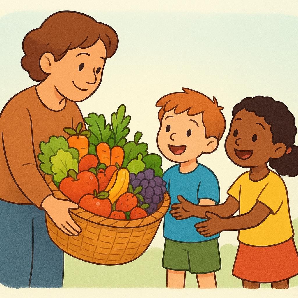 Um adulto fornecendo uma grande cesta de frutas e vegetais frescos a duas crianças sorridentes, ilustrando apoio financeiro.