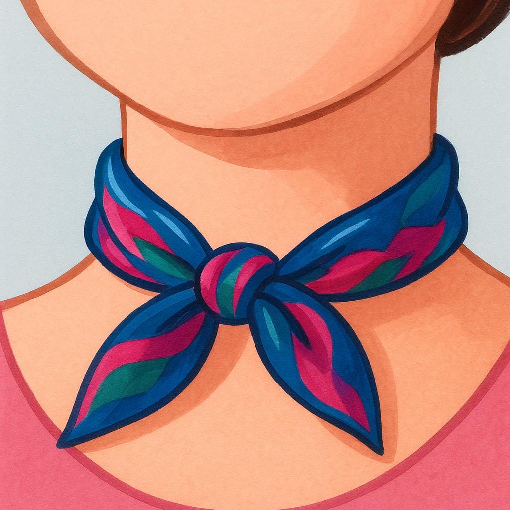 A person's neck wearing a small, brightly patterned silk scarf tied loosely.