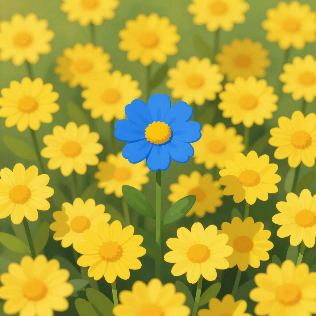 Une seule fleur bleu vif poussant dans un champ de fleurs jaunes identiques.