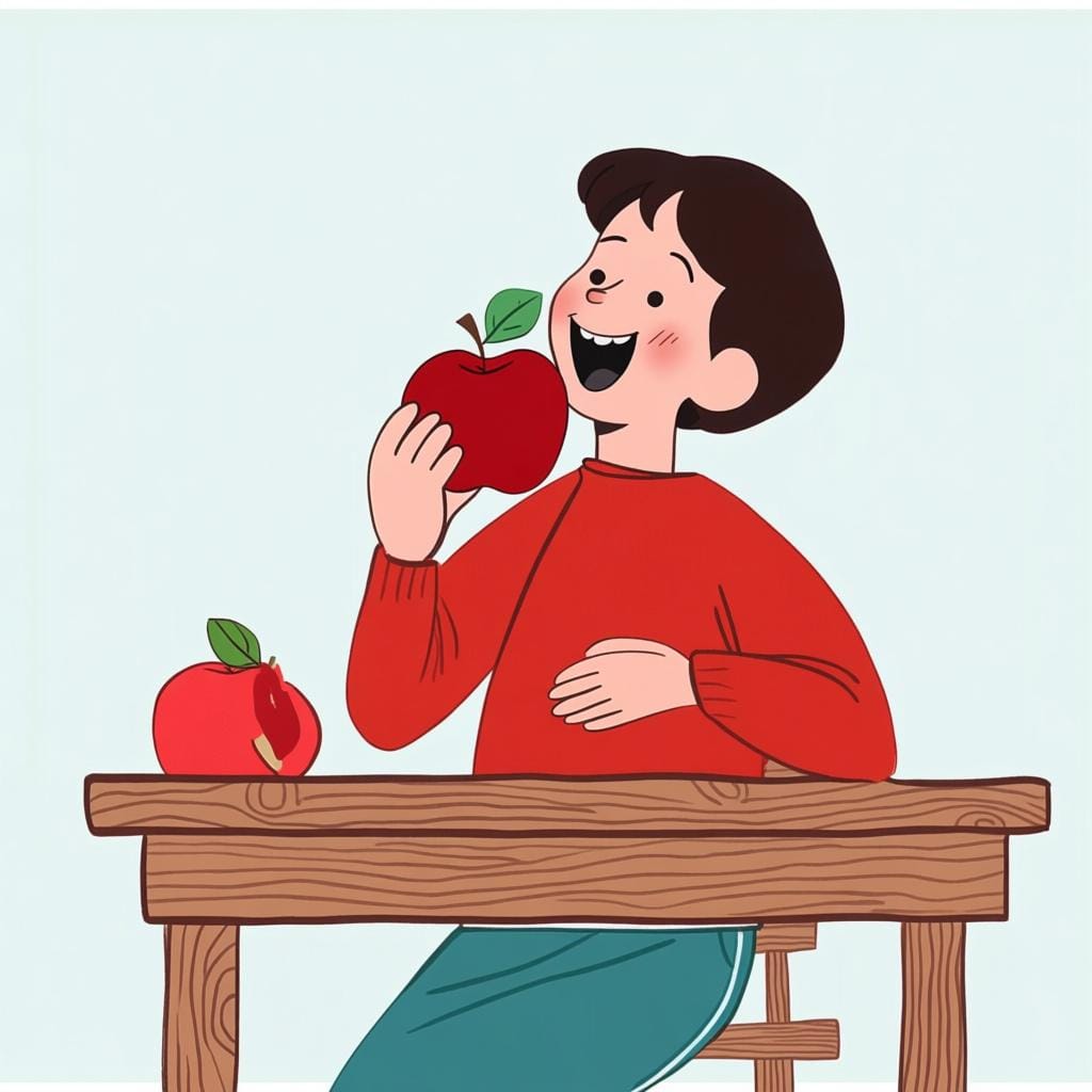 A happy person sitting at a table and taking a large bite out of a red apple, illustrating the act of eating.