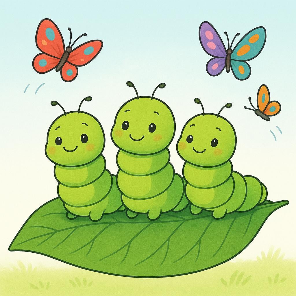 A simple colorful illustration depicting three green caterpillars on a branch next to three brightly colored butterflies flying away, symbolizing transformation and change.