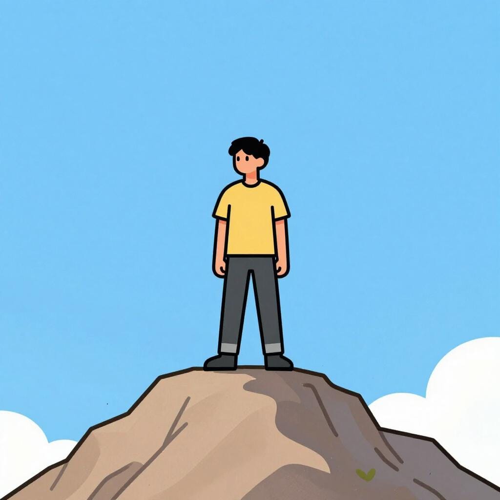 자신감 있게 앞을 내다보며 산봉우리에 굳건히 서 있는 사람.