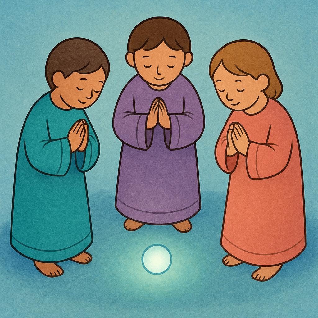 Three simplified, robed figures standing in a simple, circular formation. They are all performing the exact same synchronized, respectful gesture towards a small, glowing central object on the ground, symbolizing a fixed ceremony.