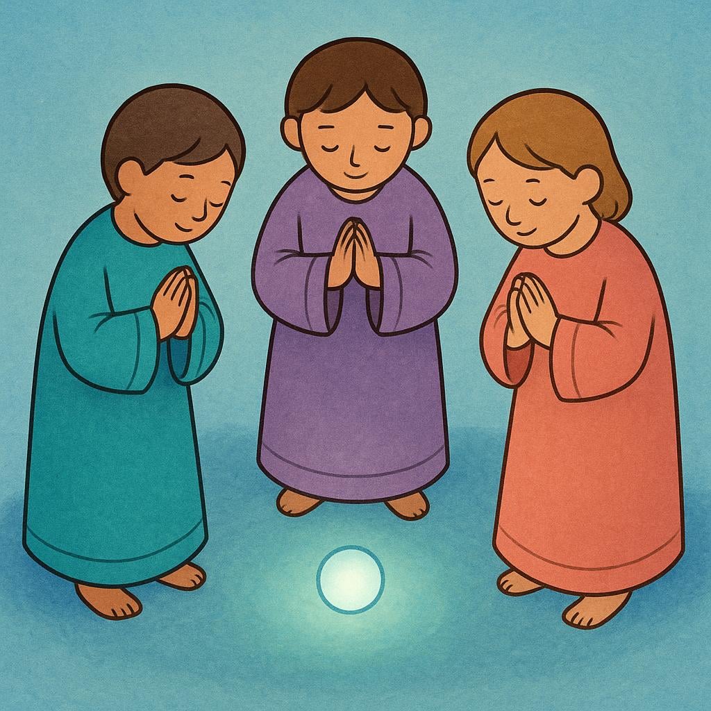Three simplified, robed figures standing in a simple, circular formation. They are all performing the exact same synchronized, respectful gesture towards a small, glowing central object on the ground, symbolizing a fixed ceremony.