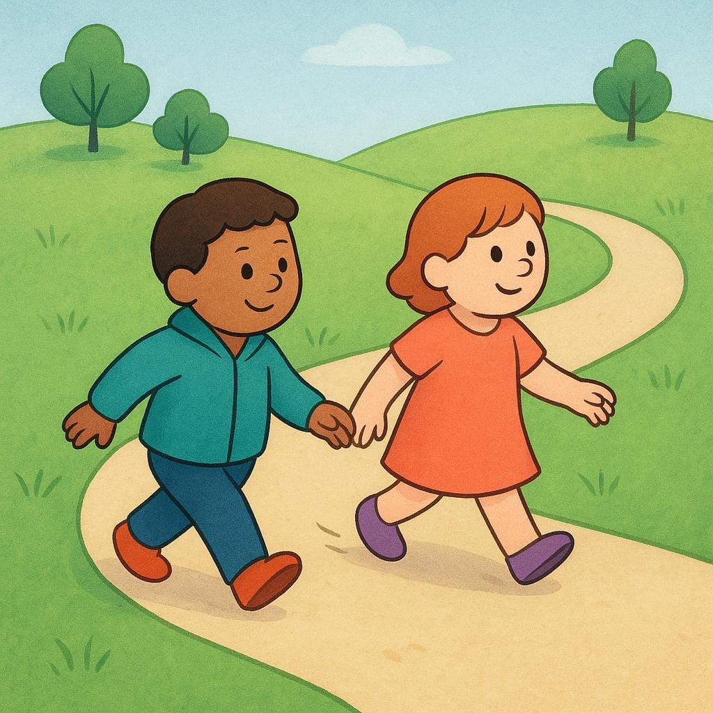 Two simplified figures walking on a brown path are visibly pivoting together to make a sharp turn to the right.