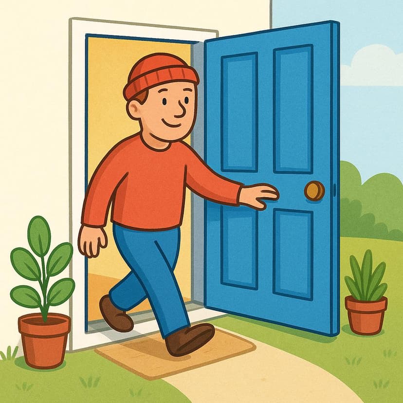 A colorful storybook illustration showing a cheerful person wearing a simple hat, mid-step, exiting a bright blue front door onto a green path.