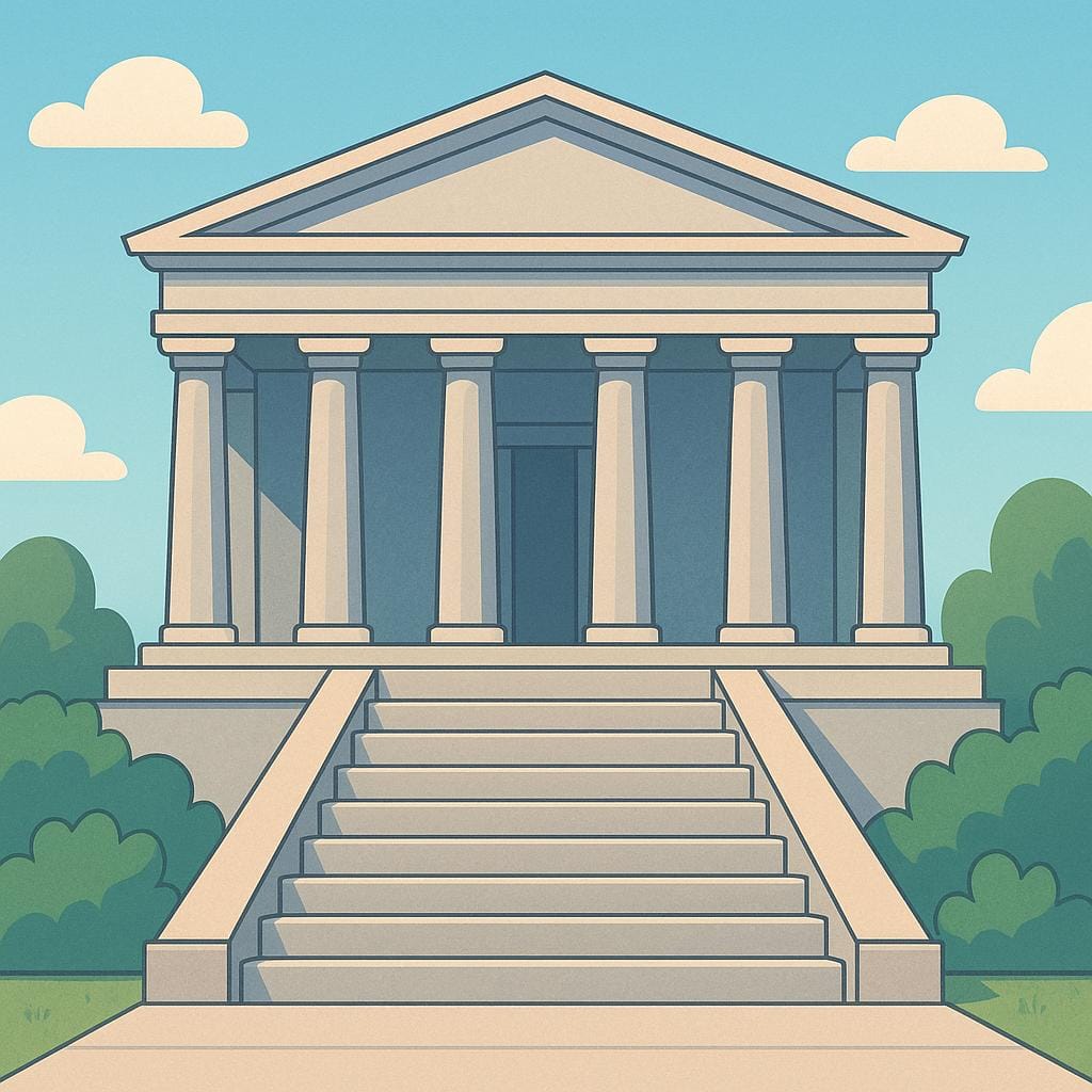 A large, ancient stone temple with several columns and wide steps leading up to the entrance, representing a major religious building.