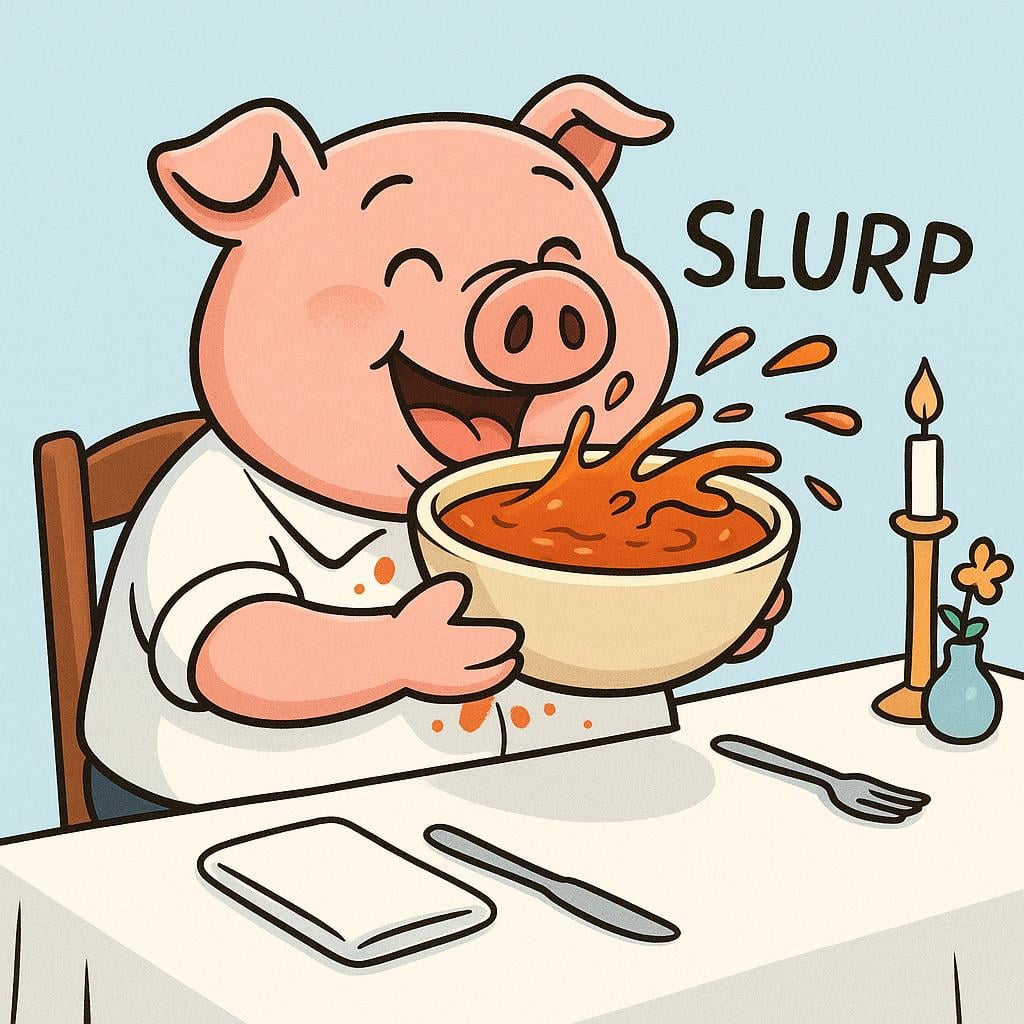 A cartoon pig sitting at a formal table, demonstrating poor manners by slurping soup loudly, representing something vulgar or lacking refinement.