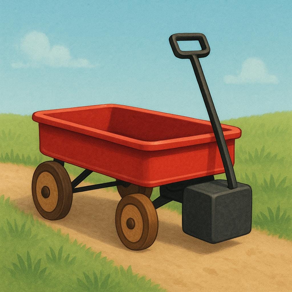 A simple red toy wagon resting on a smooth path. One of its wheels is a large, perfectly square shape, illustrating the concept of nonsense or foolishness.