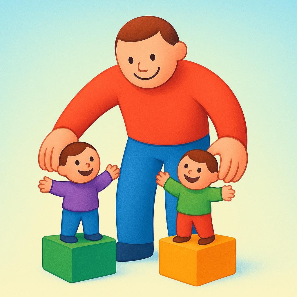 크고 친근한 인물이 두 명의 작고 행복한 인물을 동시에 들어 올려 높은 곳으로 옮겨주는 모습을 묘사하며, 그룹을 향한 도움을 상징합니다.