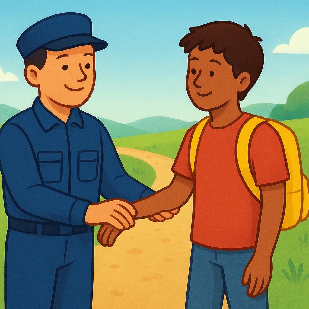 A friendly figure wearing a simple blue uniform gently holds the forearm of a person wearing a yellow backpack on a dirt path, signifying a temporary detention.