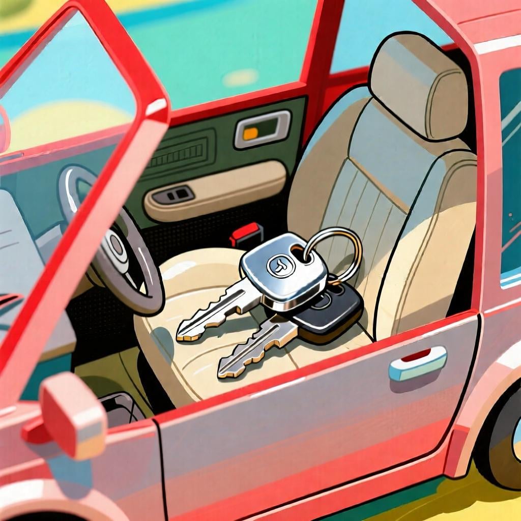 A set of shiny silver car keys resting on the driver's seat inside an open, simplified red toy car, illustrating 'inside of' a specific object.