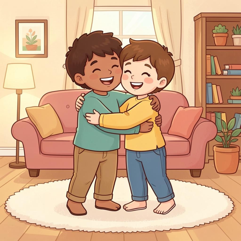 Two people sharing a friendly hug in a cozy room.