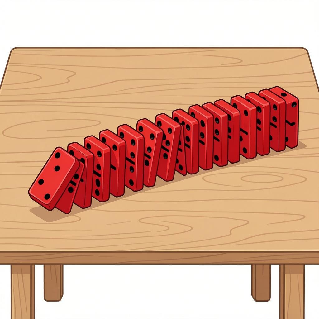 A row of falling dominoes where the first one is pushing the next.