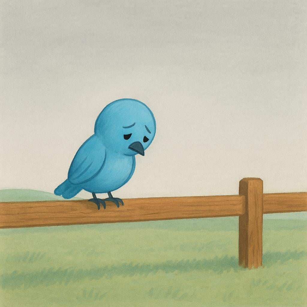 A small, sad blue bird sitting all alone on a long wooden fence under a cloudy sky.