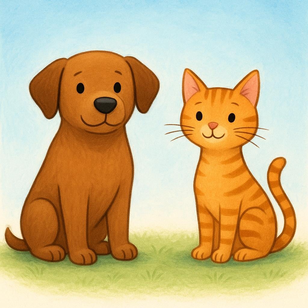 A brown domestic dog sitting next to a striped house cat, highlighting two distinct biological groups.