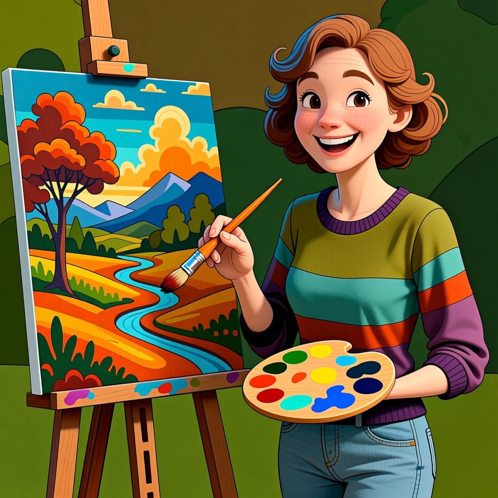 A person proudly standing next to a finished painting on an easel, illustrating a completed action.