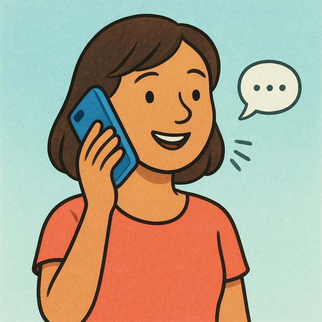 A woman smiling while holding a blue smartphone to her ear, actively engaged in a conversation.