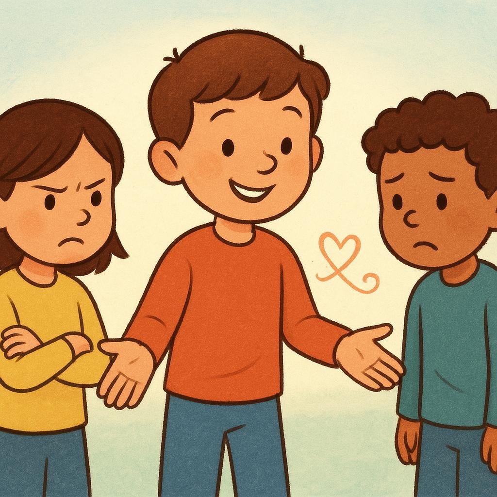 A cheerful character standing between two other characters who are frowning, mediating their disagreement and helping them reconcile.