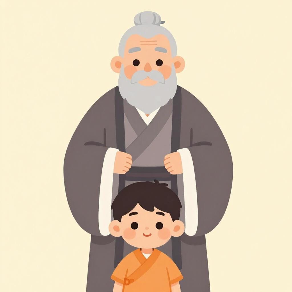 A kind elderly man in traditional clothing standing behind a small child, representing family lineage.