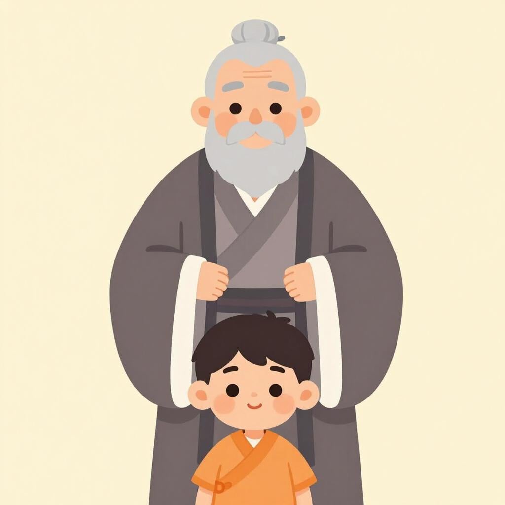 A kind elderly man in traditional clothing standing behind a small child, representing family lineage.