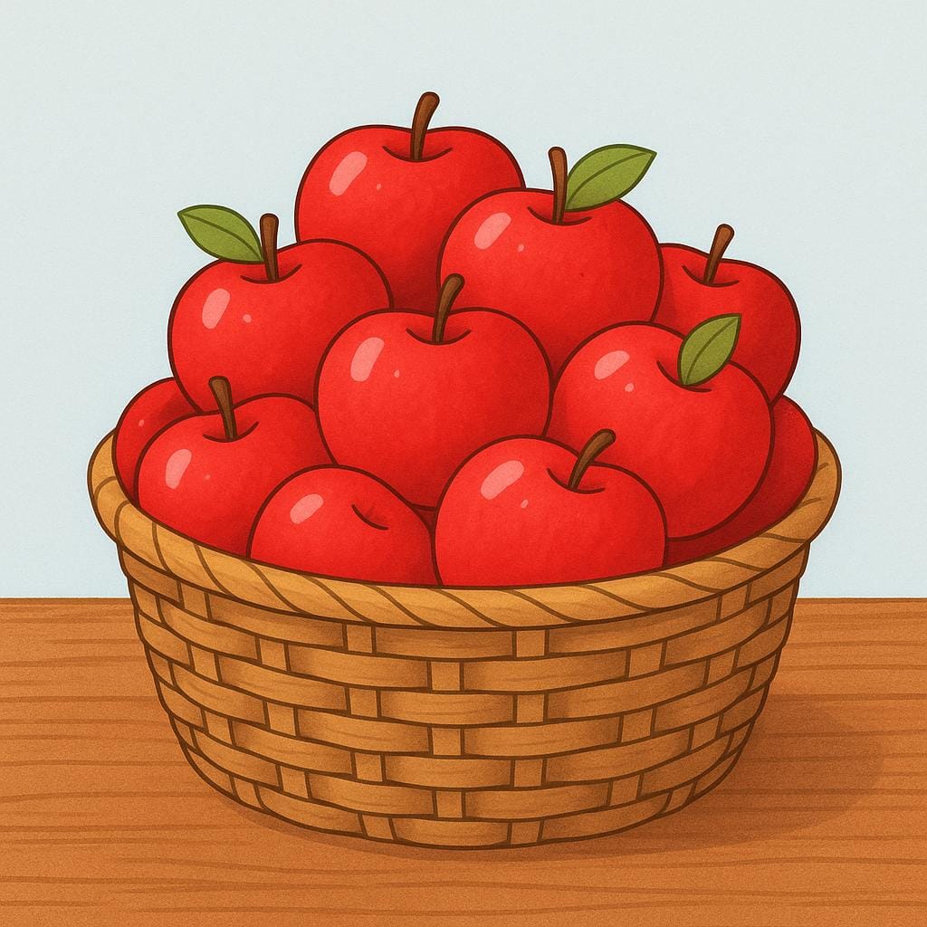 A brown wicker basket completely stuffed with bright red apples, showing no empty space inside.