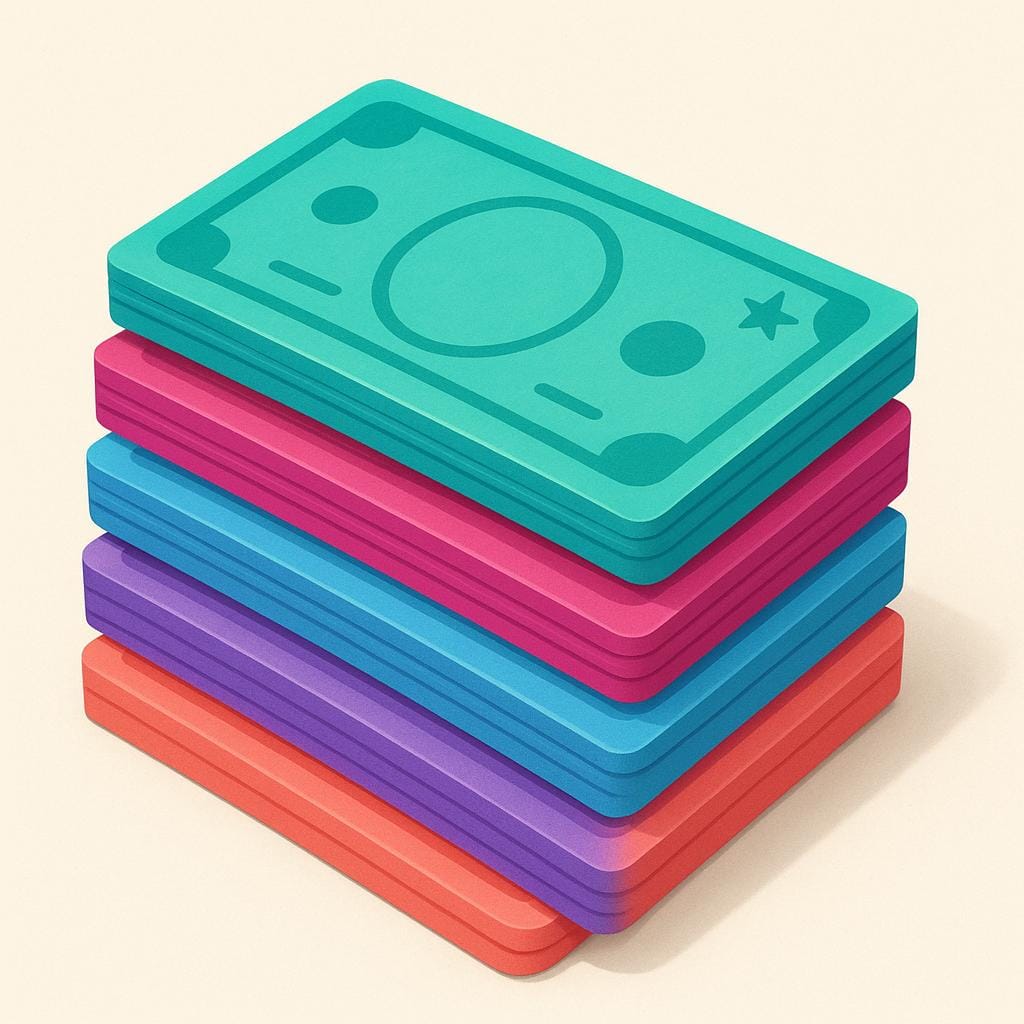 A neat stack of generic, colorful paper currency banknotes.