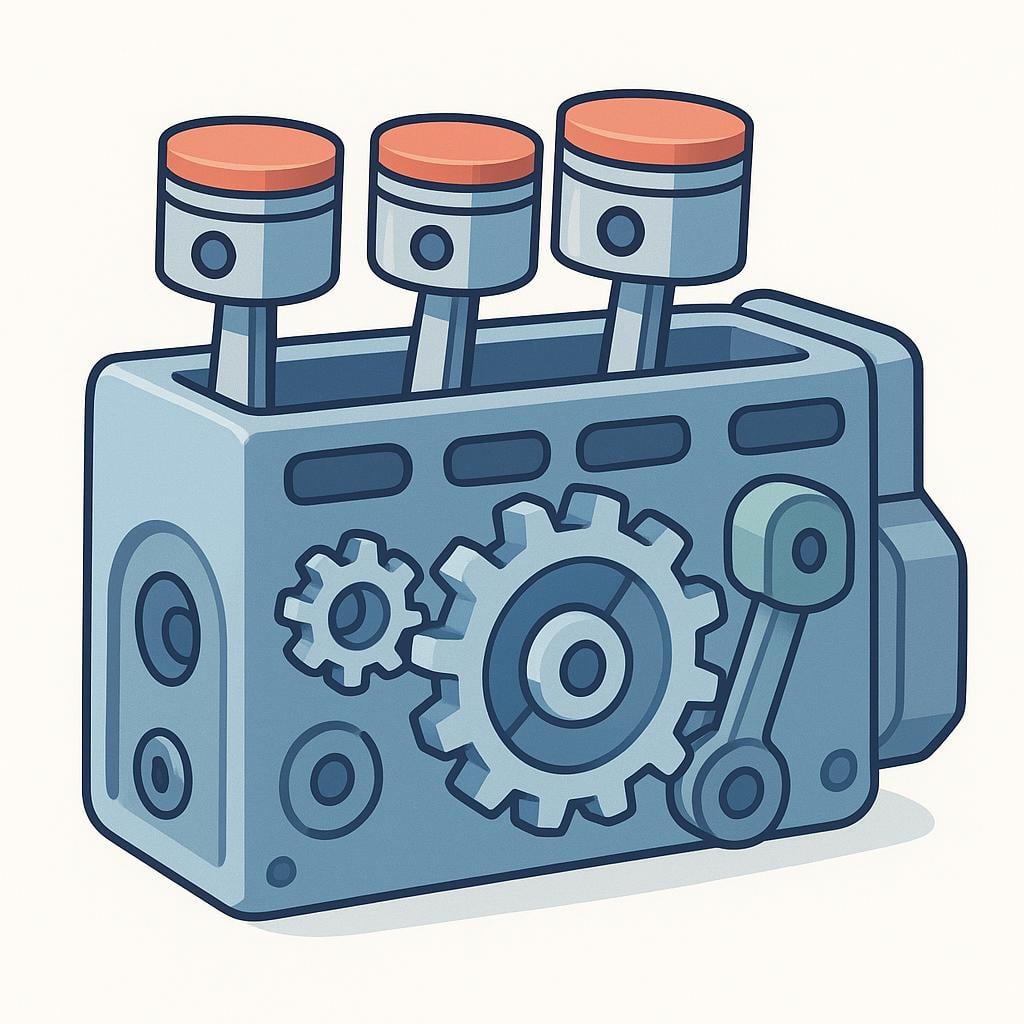 A simplified, brightly colored engine block featuring large gears and pistons, representing a mechanical device.