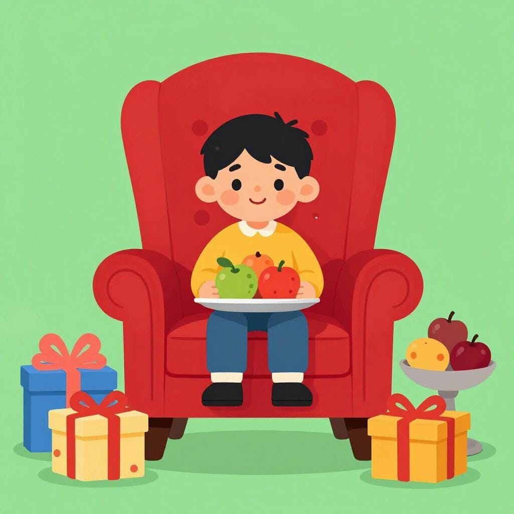 Un bambino seduto su una grande e comoda poltrona di velluto circondato da molti giocattoli colorati e un vassoio d'argento di dolcetti.