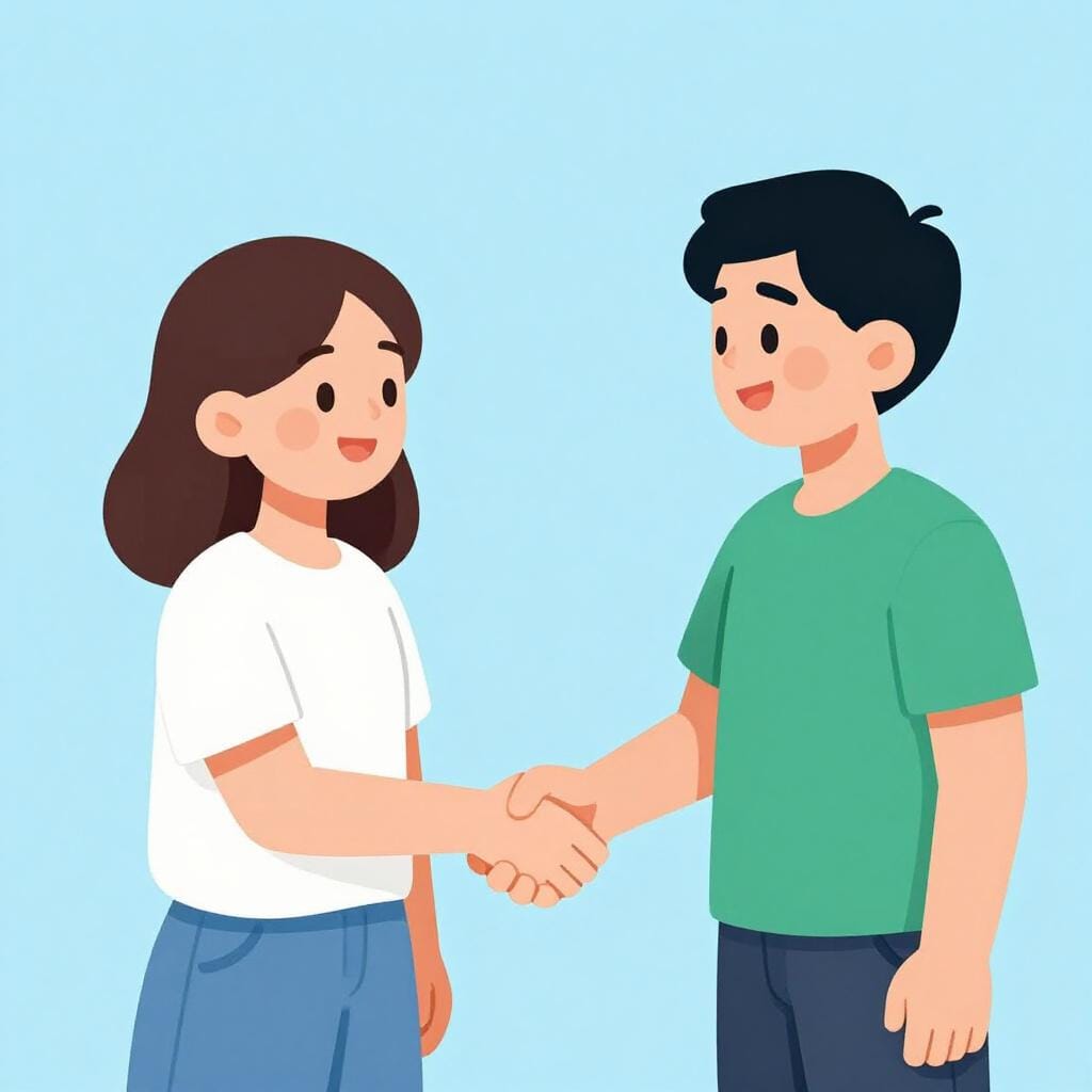 Two people shaking hands with warm smiles against a simple blue background.
