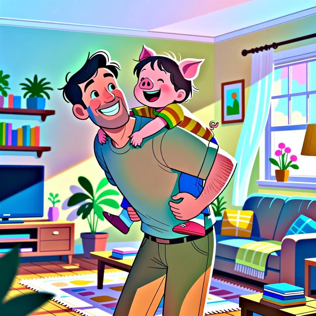 A warm, domestic scene showing a middle-aged man giving a young child a joyful piggyback ride in a sunny living room.