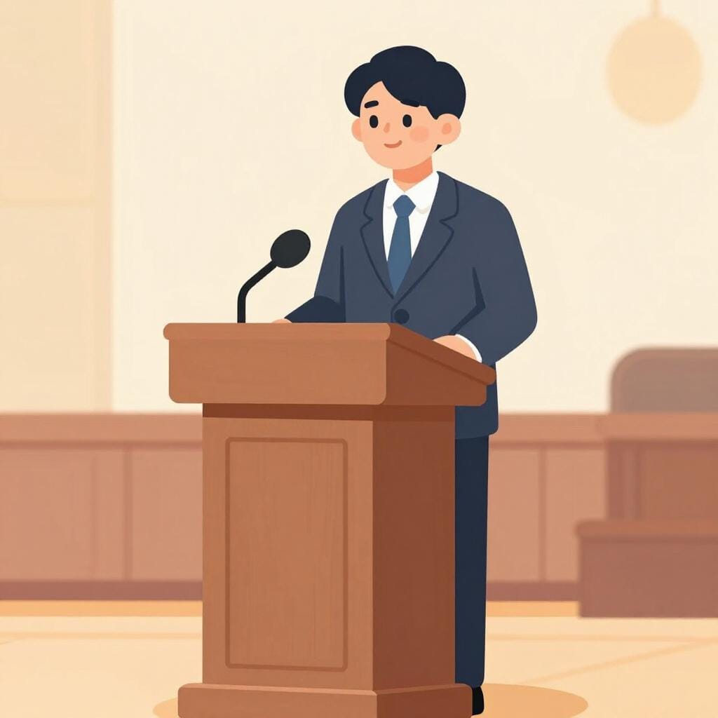 A person standing at a wooden podium, wearing a formal suit and gesturing with one hand as if speaking to an audience.