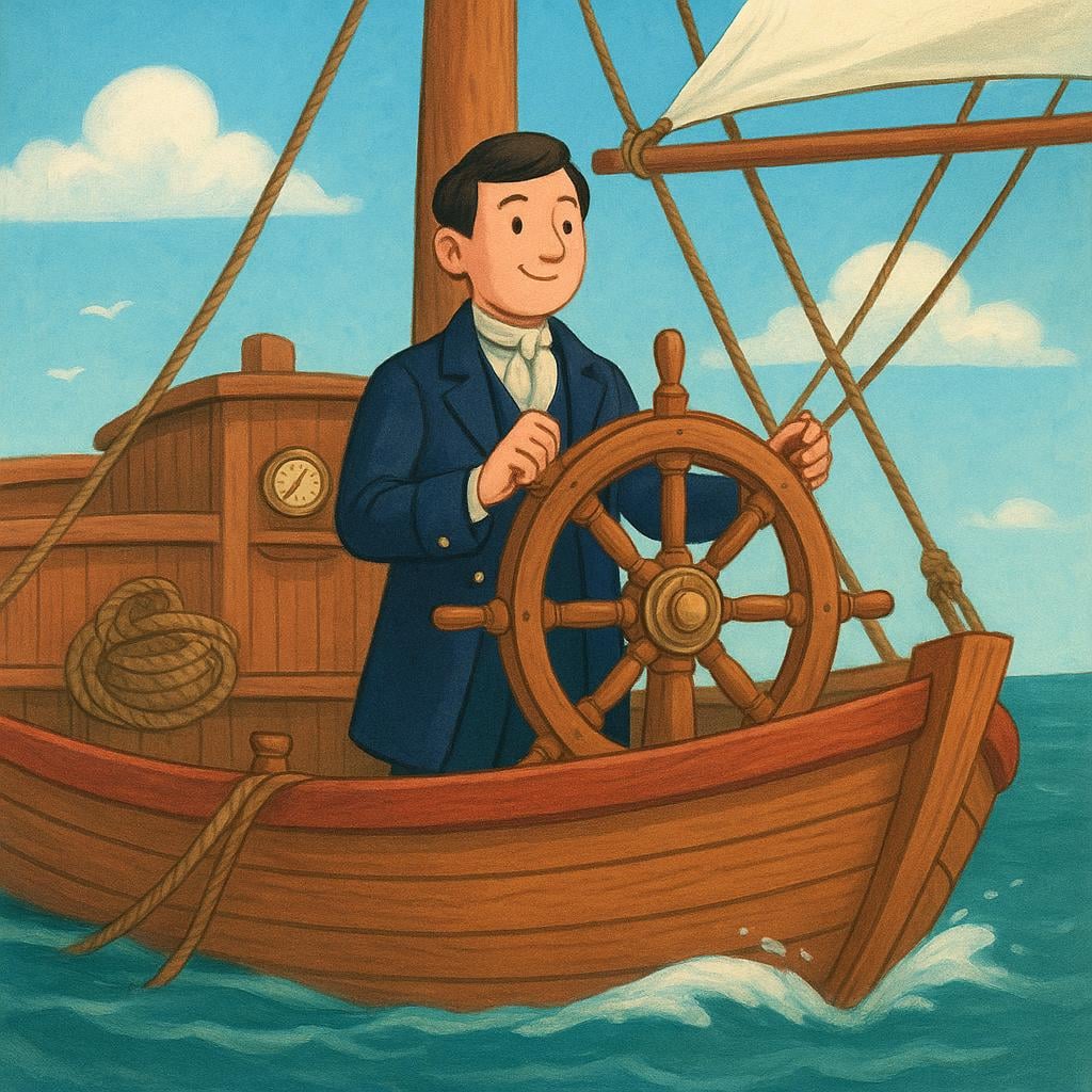 A colorful storybook illustration of a large, sturdy ship sailing smoothly on the ocean, steered by a figure holding a large wheel, symbolizing the institution that runs a country.