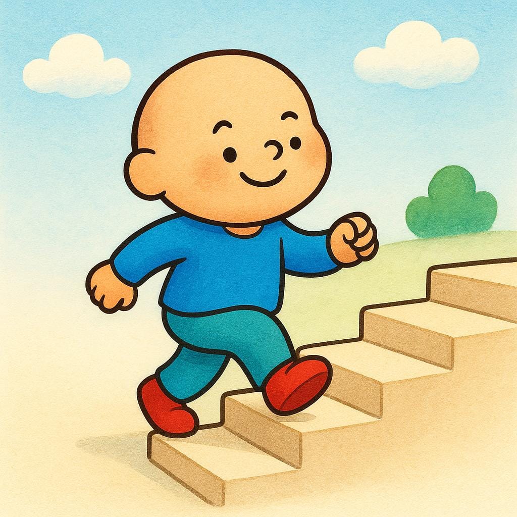 A cartoon figure climbing simple stairs, showing upward physical movement.