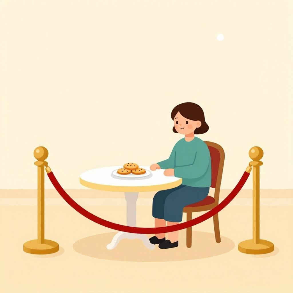 A single person sitting at a small, elegant table surrounded by a red velvet rope, indicating the space is reserved only for them.