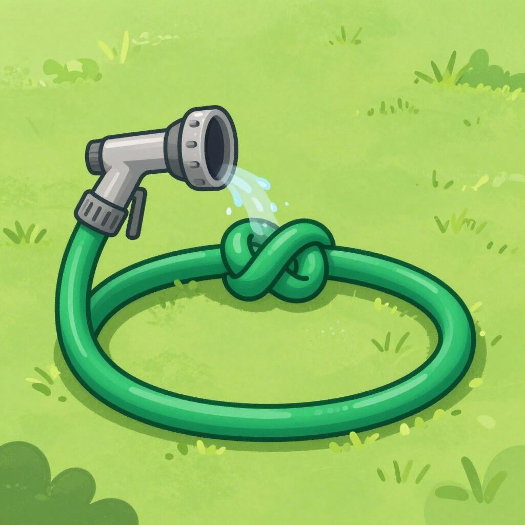 A garden hose with a large, tight knot in the middle, preventing water from flowing through.