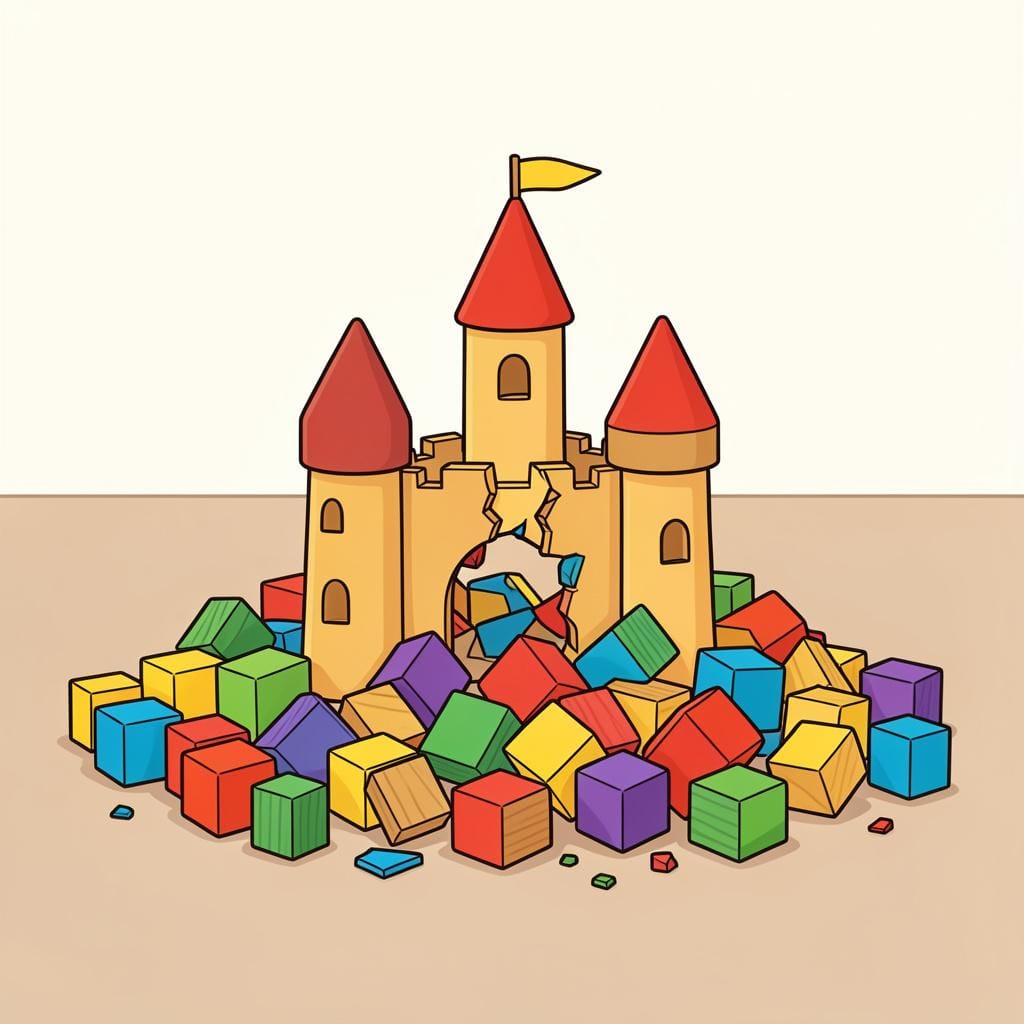 A child's toy castle made of blocks lying in a scattered, broken heap on the floor.