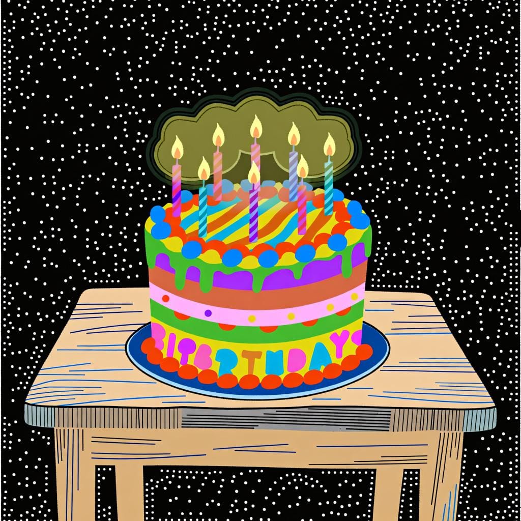 A colorful birthday cake with several lit candles on top, representing the passage of years.